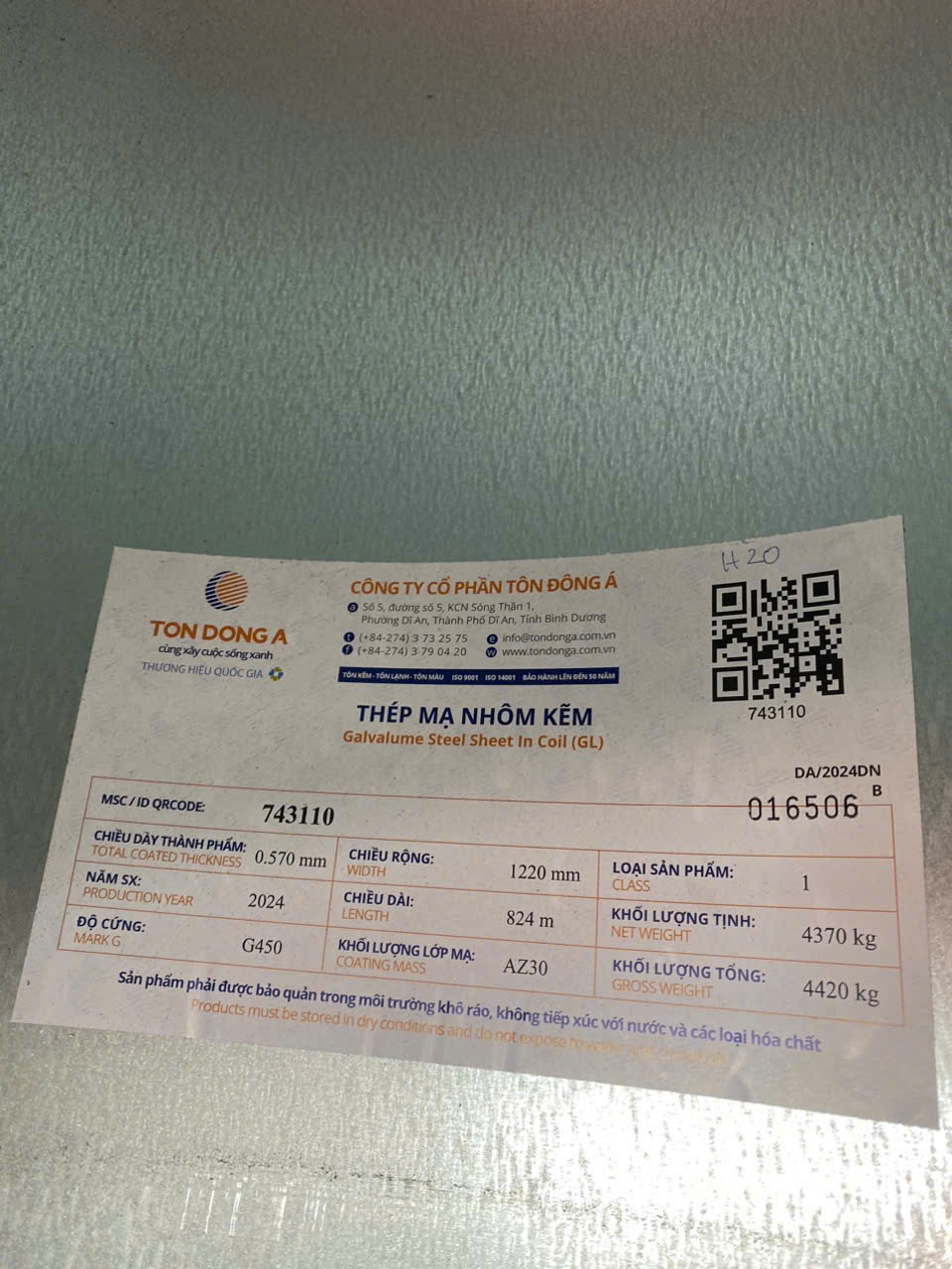 Mã QR in trên cuộn tôn Đông Á chính hãng